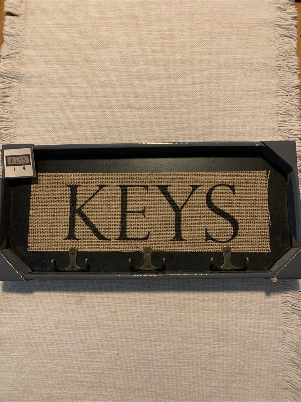 Rustic 'KEYS' Wall Hook Rack in Black and Burlap